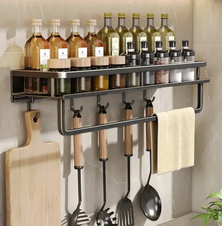 Metal Wall Shelf Organizer with Hooks Black 20 inch for Spices Utensils Towels Kitchen Storage Rack Countertop Space Saver