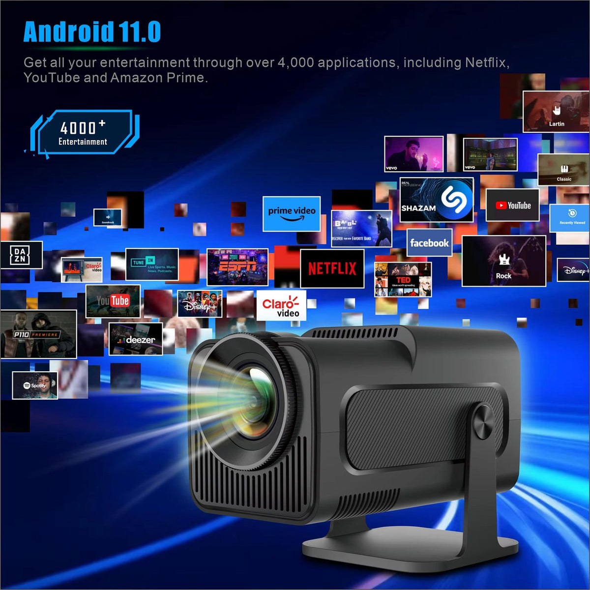 Portable Mini Projector with Android 11, 1080p HD, 300 ANSI Lumens, WiFi 6, Bluetooth, 150 in Screen for Home Theater, Outdoor Movies