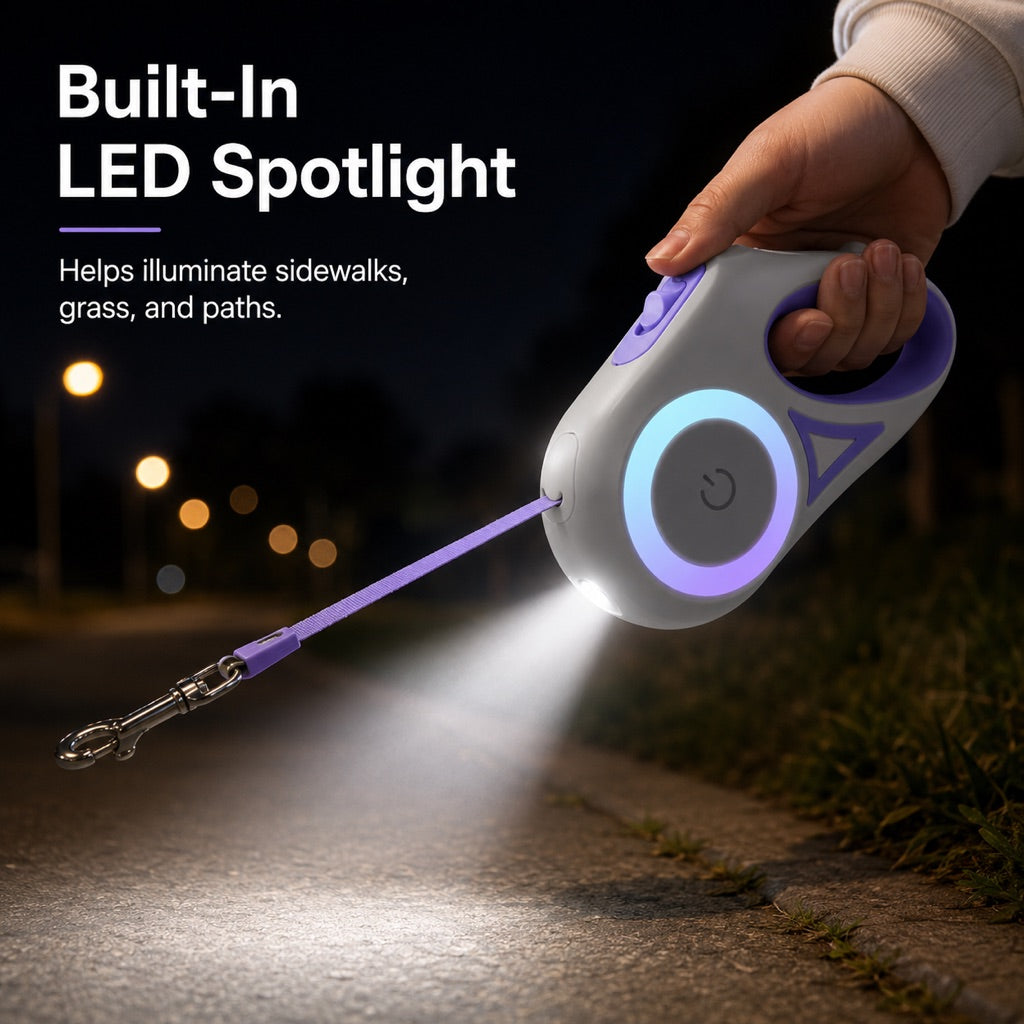 Ortekor LED Retractable Dog Leash for Night Walks - Light-Up Dog Leash with Built-In Spotlight, RGB Side Glow & One-Touch Brake for Safer Evening Walks