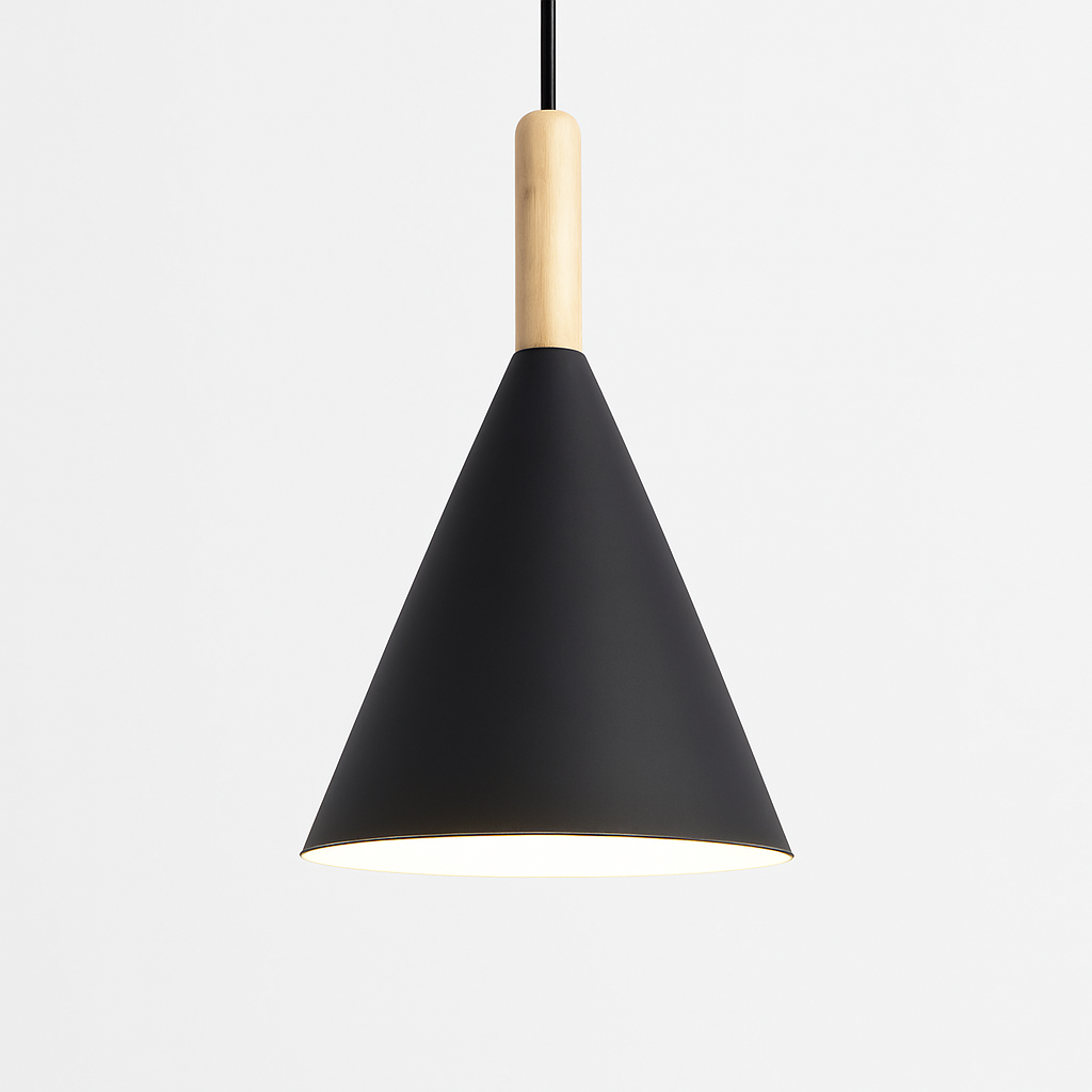 Cone Hanging Lamp with Wood Accent and 47-Inch Adjustable Cord for Kitchens, Dining Tables, Breakfast Nooks, Modern Farmhouse Overhead Task
