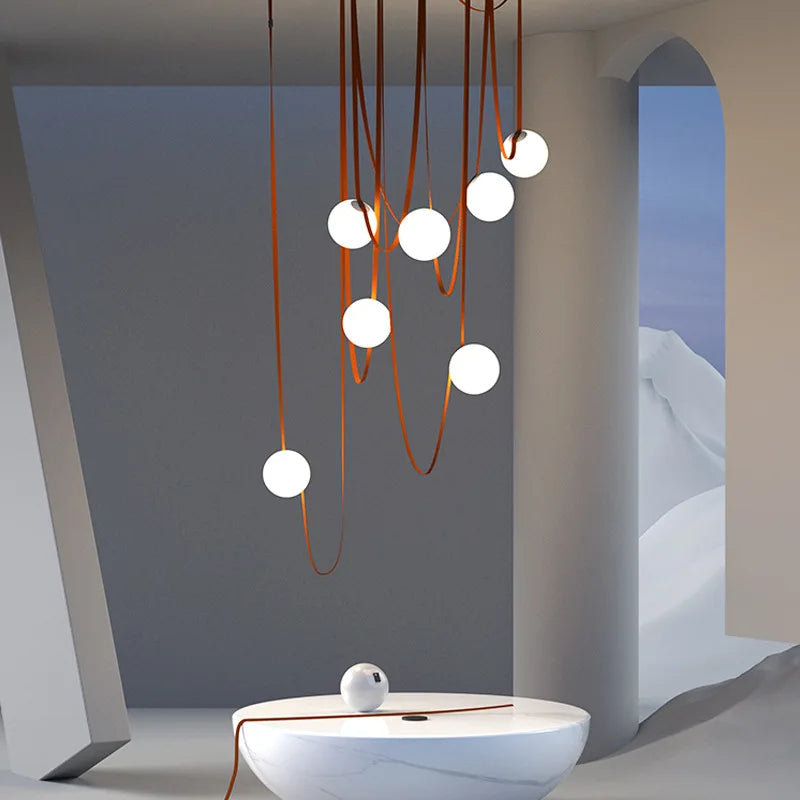 Frosted Glass Globe Hanging Light with Leather Cord Suspension for Dining Room & Living Room | Adjustable Height Ceiling Fixture | E27 Socke