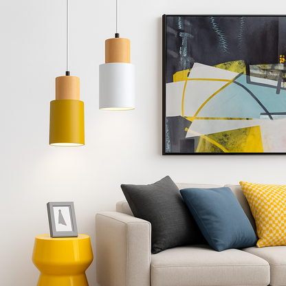 Cylindrical Wood and Metal Pendant Light with Downward Beam for Kitchen Dining Room Bedroom | Modern Hanging Ceiling Fixture with