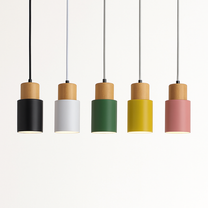Cylindrical Wood and Metal Pendant Light with Downward Beam for Kitchen Dining Room Bedroom | Modern Hanging Ceiling Fixture with