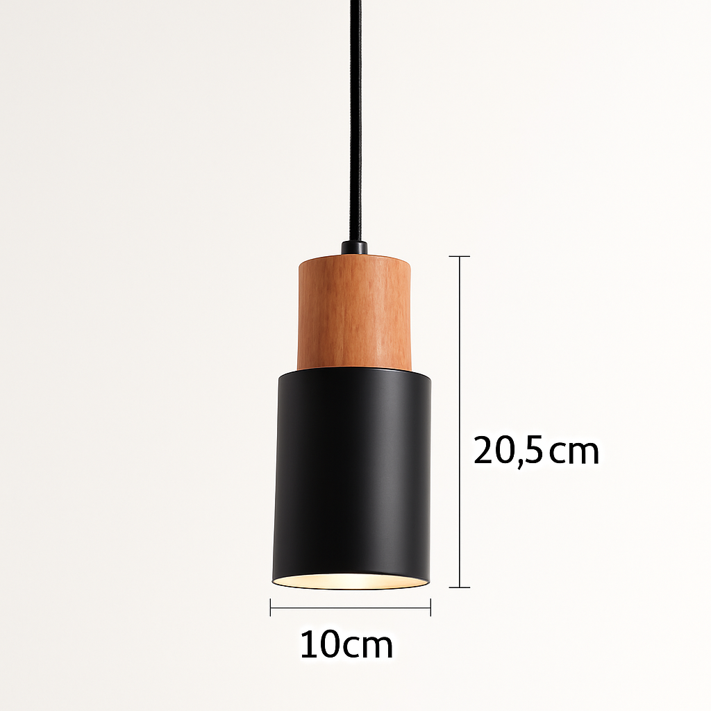 Cylindrical Wood and Metal Pendant Light with Downward Beam for Kitchen Dining Room Bedroom | Modern Hanging Ceiling Fixture with