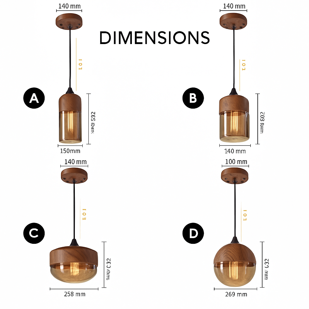 Industrial Wood & Glass Hanging Pendant Light with Metal Accents for Dining Room, Kitchen Island & Living Room