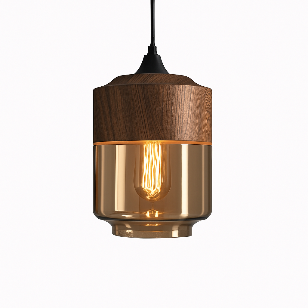 Industrial Wood & Glass Hanging Pendant Light with Metal Accents for Dining Room, Kitchen Island & Living Room