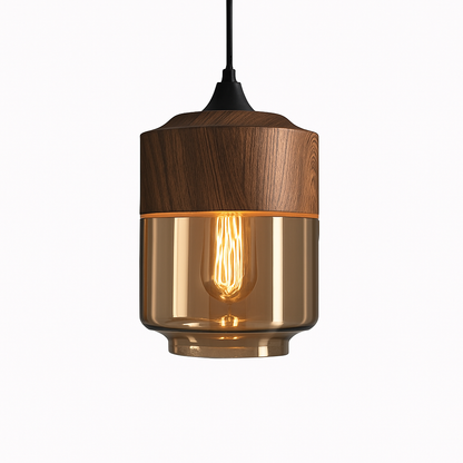 Industrial Wood & Glass Hanging Pendant Light with Metal Accents for Dining Room, Kitchen Island & Living Room