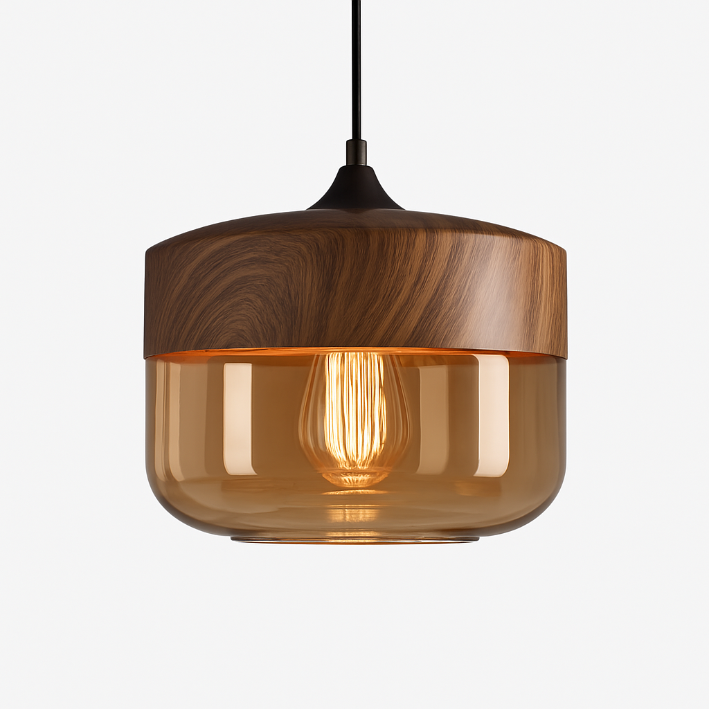 Industrial Wood & Glass Hanging Pendant Light with Metal Accents for Dining Room, Kitchen Island & Living Room