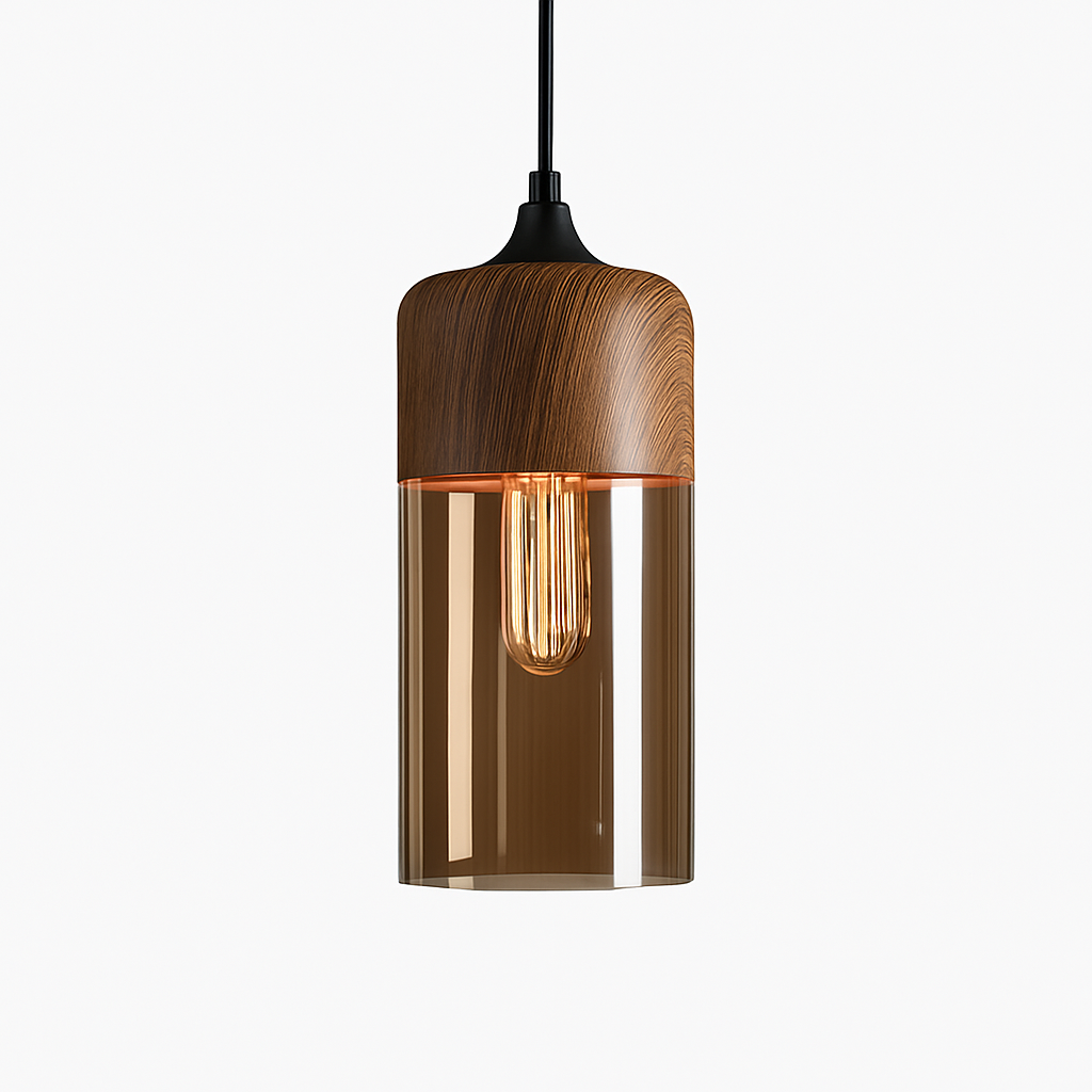 Industrial Wood & Glass Hanging Pendant Light with Metal Accents for Dining Room, Kitchen Island & Living Room