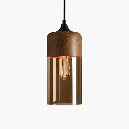 Industrial Wood & Glass Hanging Pendant Light with Metal Accents for Dining Room, Kitchen Island & Living Room