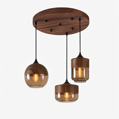 Industrial Wood & Glass Hanging Pendant Light with Metal Accents for Dining Room, Kitchen Island & Living Room