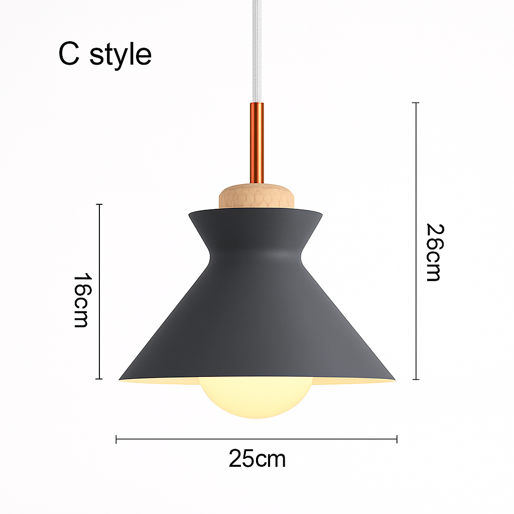 Industrial Metal Pendant Light with Wood Accent - Adjustable Cable Ceiling Fixture for Kitchen Island, Dining Room & Living Room - E27