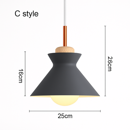 Industrial Metal Pendant Light with Wood Accent - Adjustable Cable Ceiling Fixture for Kitchen Island, Dining Room & Living Room - E27