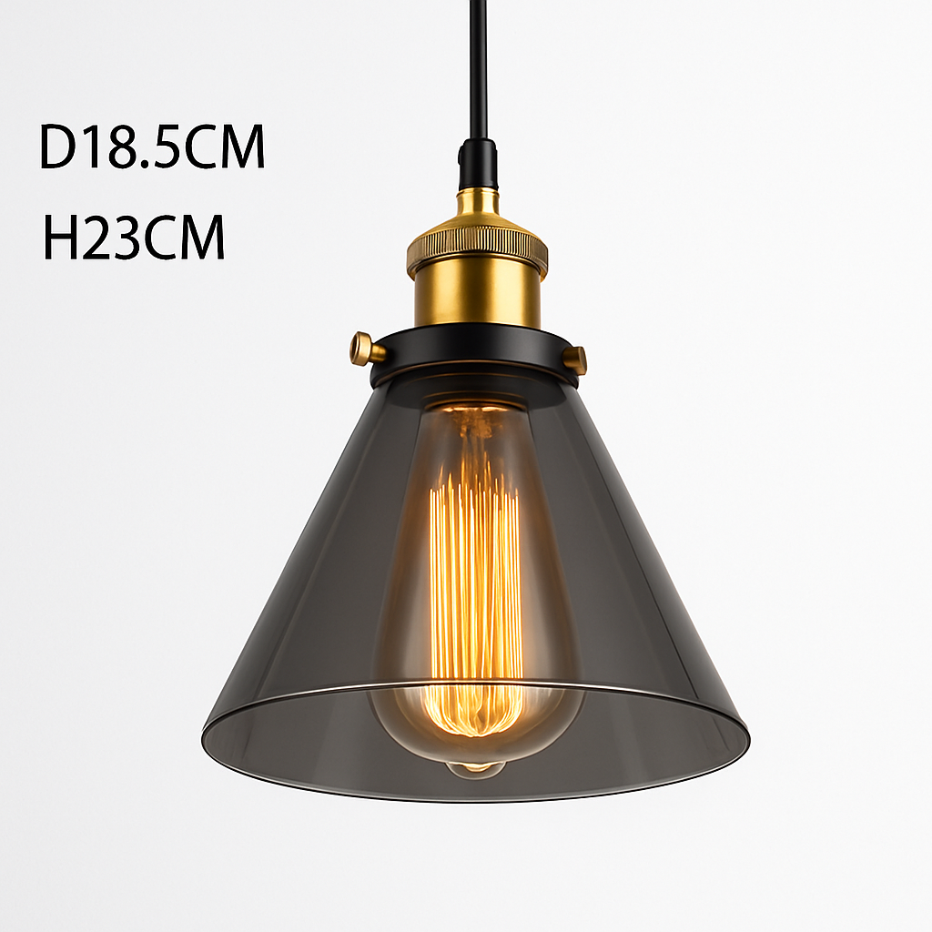 Smoked Glass Pendant Light with Iron Hardware – Vintage Hanging Ceiling Fixture for Dining Room, Kitchen, Bedroom & Living Room – E27