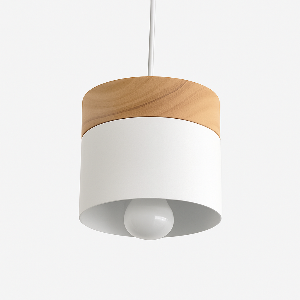 Cylinder Pendant Light with Wood Top and Metal Shade for Kitchen Island | Modern Scandinavian Hanging Fixture with Adjustable Cord for