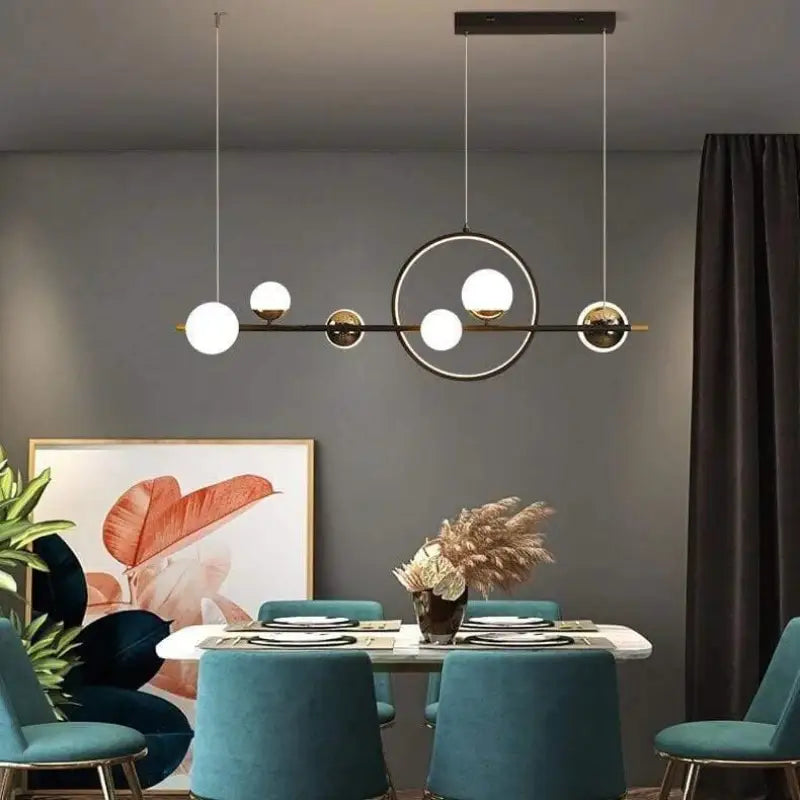 Suspension linéaire à 6 sphères en aluminium noir 112 cm pour table de salle à manger ou îlot de cuisine, style minimaliste moderne, luminosité réglable, chaud