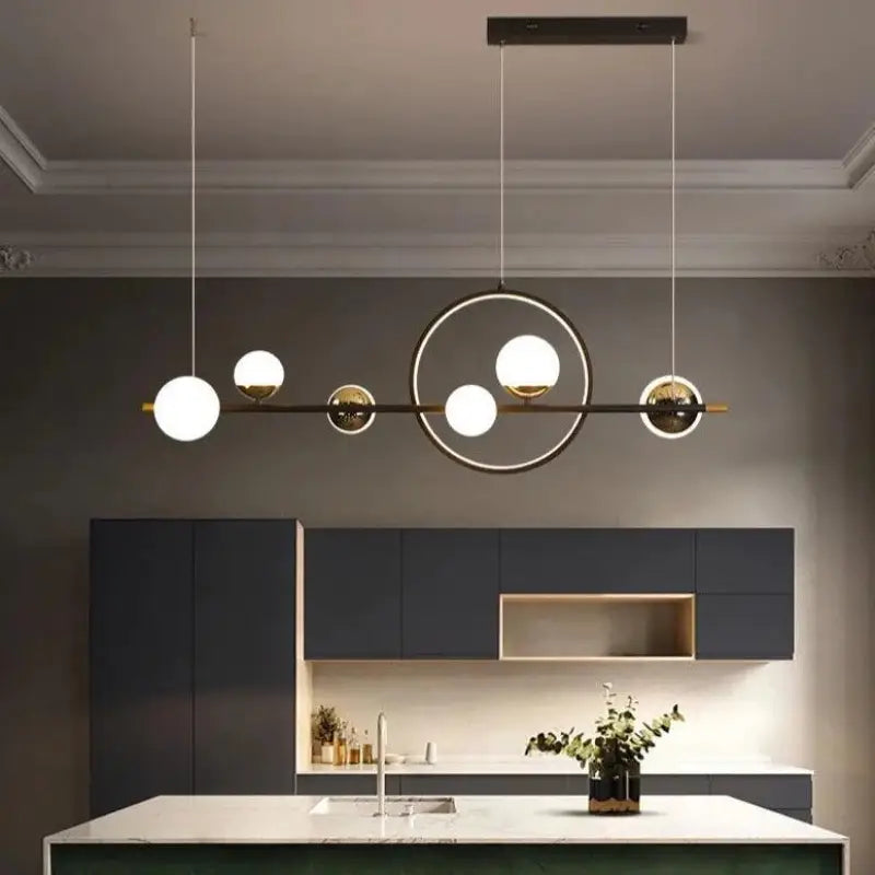 Suspension linéaire à 6 sphères en aluminium noir 112 cm pour table de salle à manger ou îlot de cuisine, style minimaliste moderne, luminosité réglable, chaud