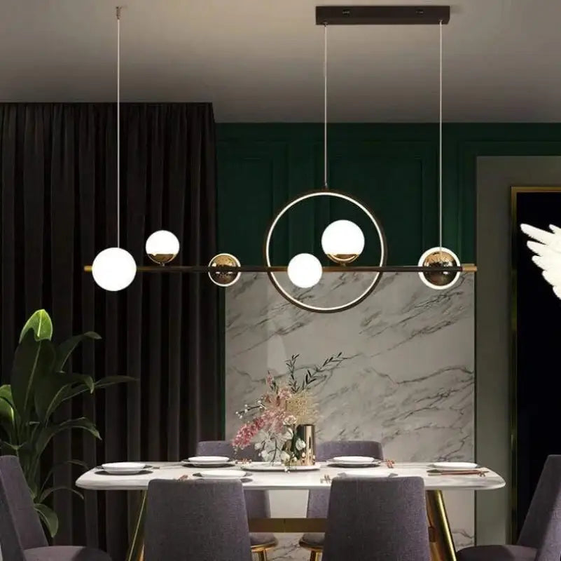 Linear Dining Room Chandelier Black Aluminum 6-Globe Adjustable LED Fixture 44 Inch for Modern Kitchen Island Living Space