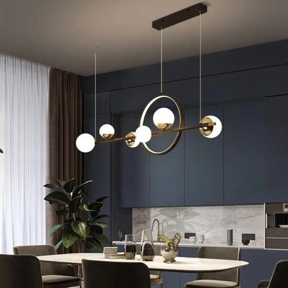 Suspension linéaire à 6 sphères en aluminium noir 112 cm pour table de salle à manger ou îlot de cuisine, style minimaliste moderne, luminosité réglable, chaud