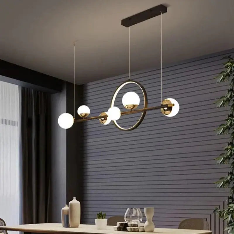 Suspension linéaire à 6 sphères en aluminium noir 112 cm pour table de salle à manger ou îlot de cuisine, style minimaliste moderne, luminosité réglable, chaud