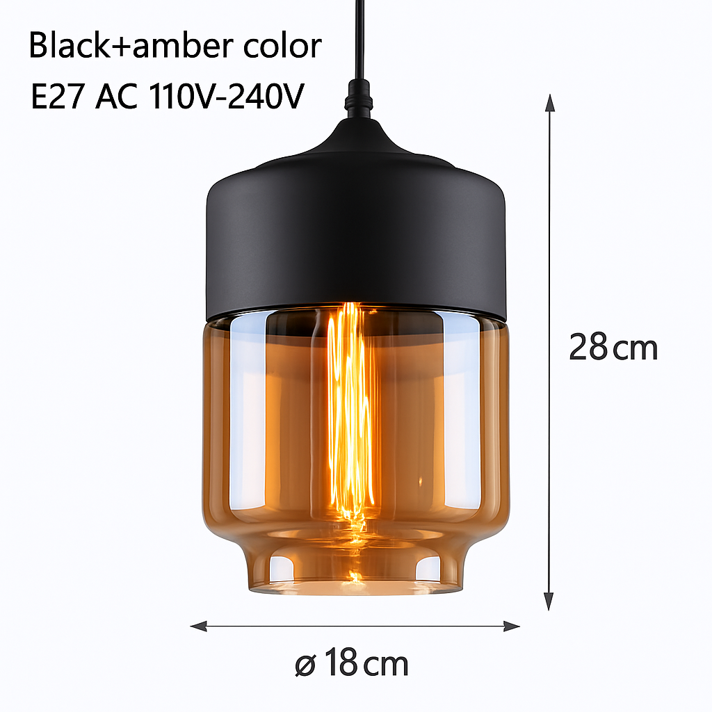 Industrial Glass & Metal Pendant Light for Kitchen Island, Dining Room & Bar | Modern Loft Hanging Fixture with Cord, E27 Socket, Amber or