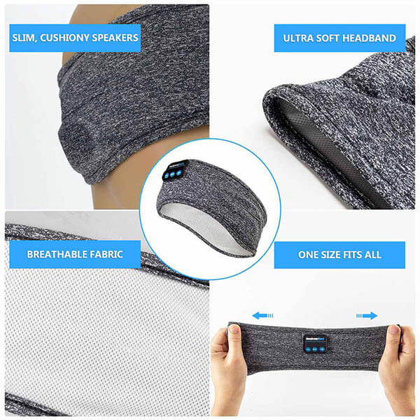 Sleep Headband Headphones Soft Washable Wireless Bluetooth for Insomnia Snoring Noise Blocking Meditation Travel Headset Gray Black