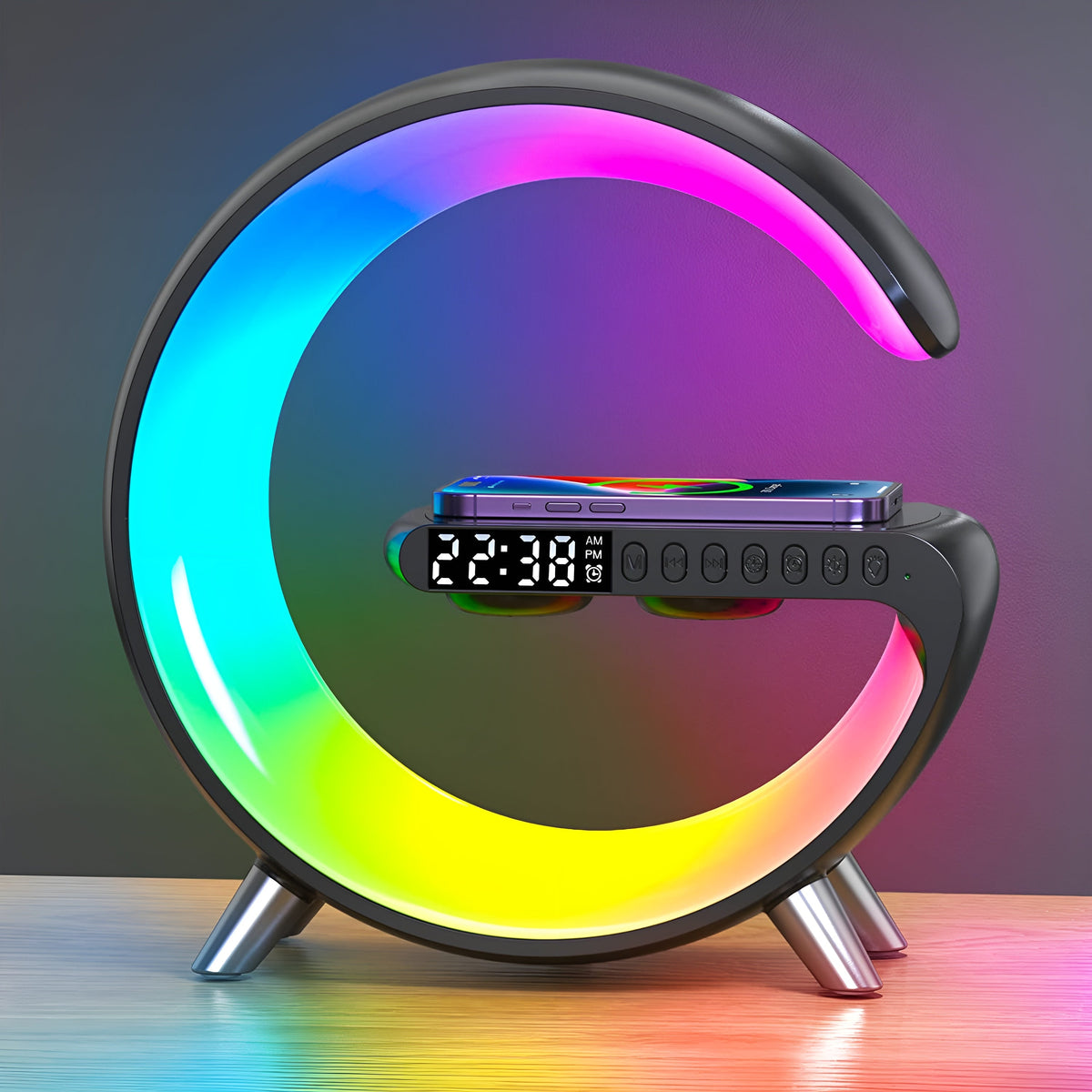 Réveil numérique LED pour table de nuit avec chargeur de téléphone sans fil Qi et haut-parleur Bluetooth pour chambre à coucher 10 po