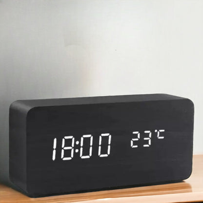 Voice-Activated Digital Alarm Clock with LED Temperature Display, Wood Grain Finish for Bedroom Nightstand, Triple Alarm System for Heavy