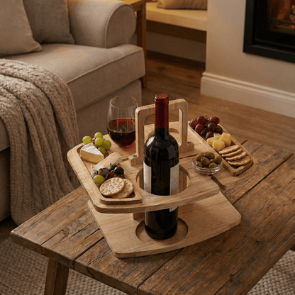 Portable Wooden Wine Serving Caddy with Glass Holders for Picnics, Patio & Balcony Entertaining