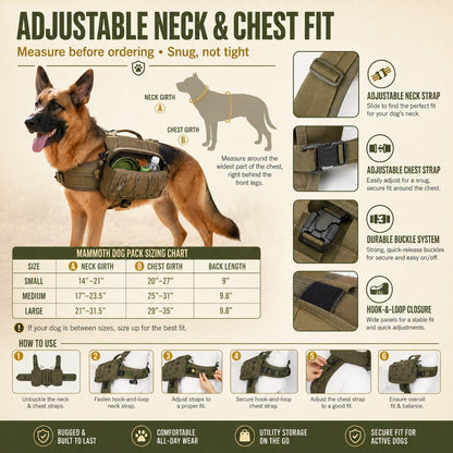 Ortekor Tactical Dog Backpack Harness for Hiking, Camping & Daily Walks - Hands-Free Storage for Water, Treats & Poop Bags