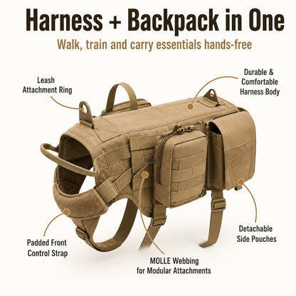 Ortekor Tactical Dog Backpack Harness for Hiking & Daily Walks - Detachable Pouches for Gear & Better Control