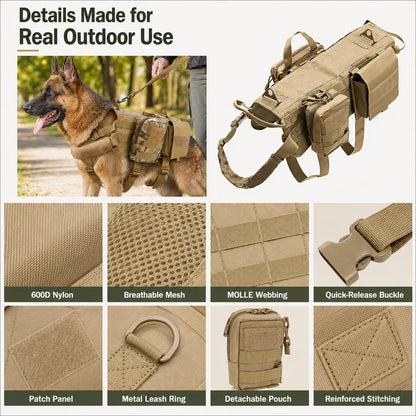 Ortekor Tactical Dog Backpack Harness for Hiking & Daily Walks - Detachable Pouches for Gear & Better Control