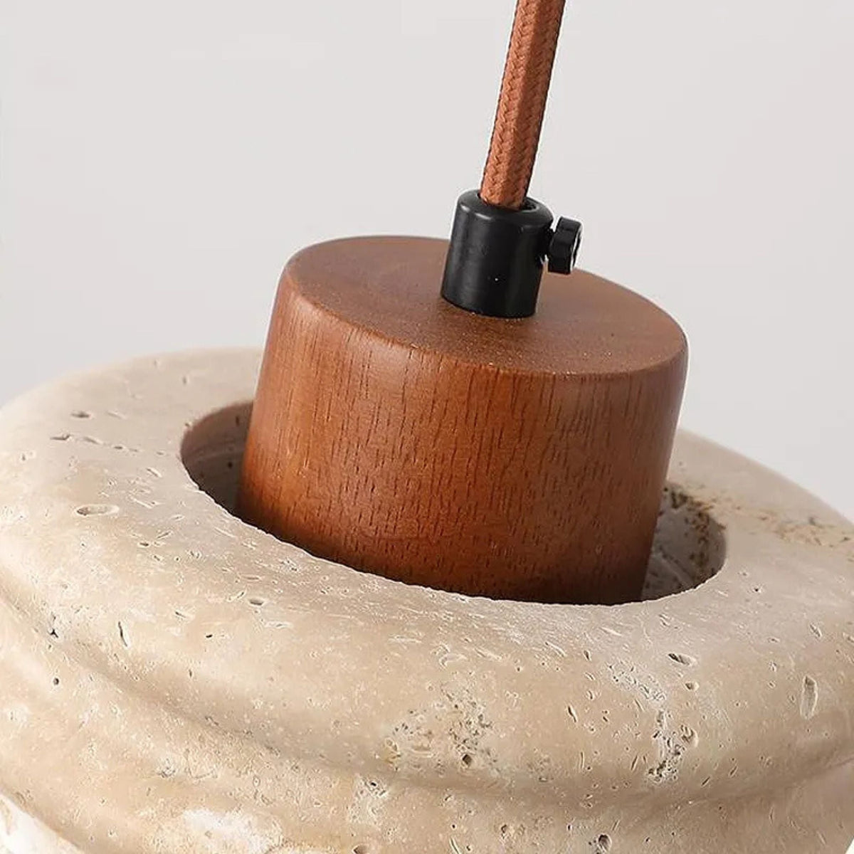 Natural Stone Drop Ceiling Fixture | Textured Travertine Wood Accent Light for Dining Table Kitchen Counter | Adjustable Height E27 Socket