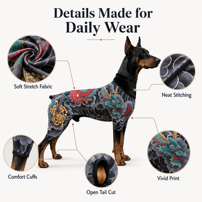 Ortekor Tattoo Print Dog & Cat Bodysuit for Walks & Photos - Soft Stretch Pet Onesie Helps Contain Loose Hair