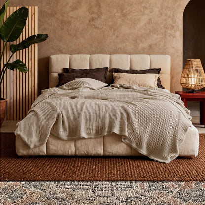 100% Cotton Waffle Weave Throw Blanket Queen King Breathable Lightweight Bed Cover for All Seasons Couch Sofa Bedroom Layering Textured