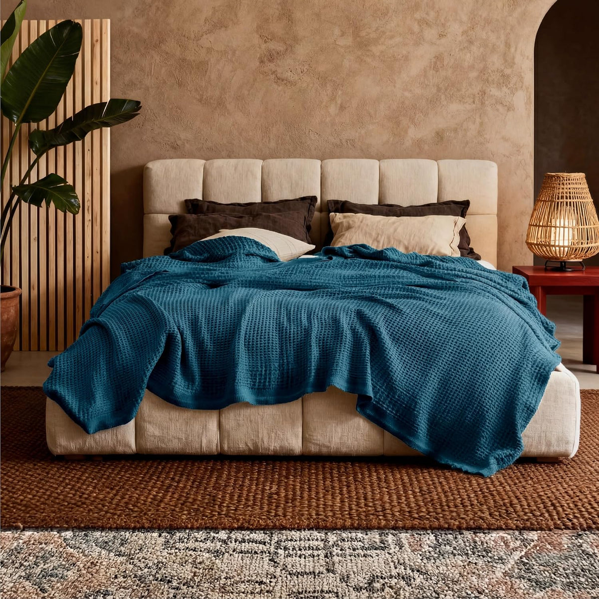 Pure Cotton Thermal Blanket – Queen 90×90 in – Textured Weave Layer for All Seasons – Lightweight & Breathable Throw for Bed or Sofa