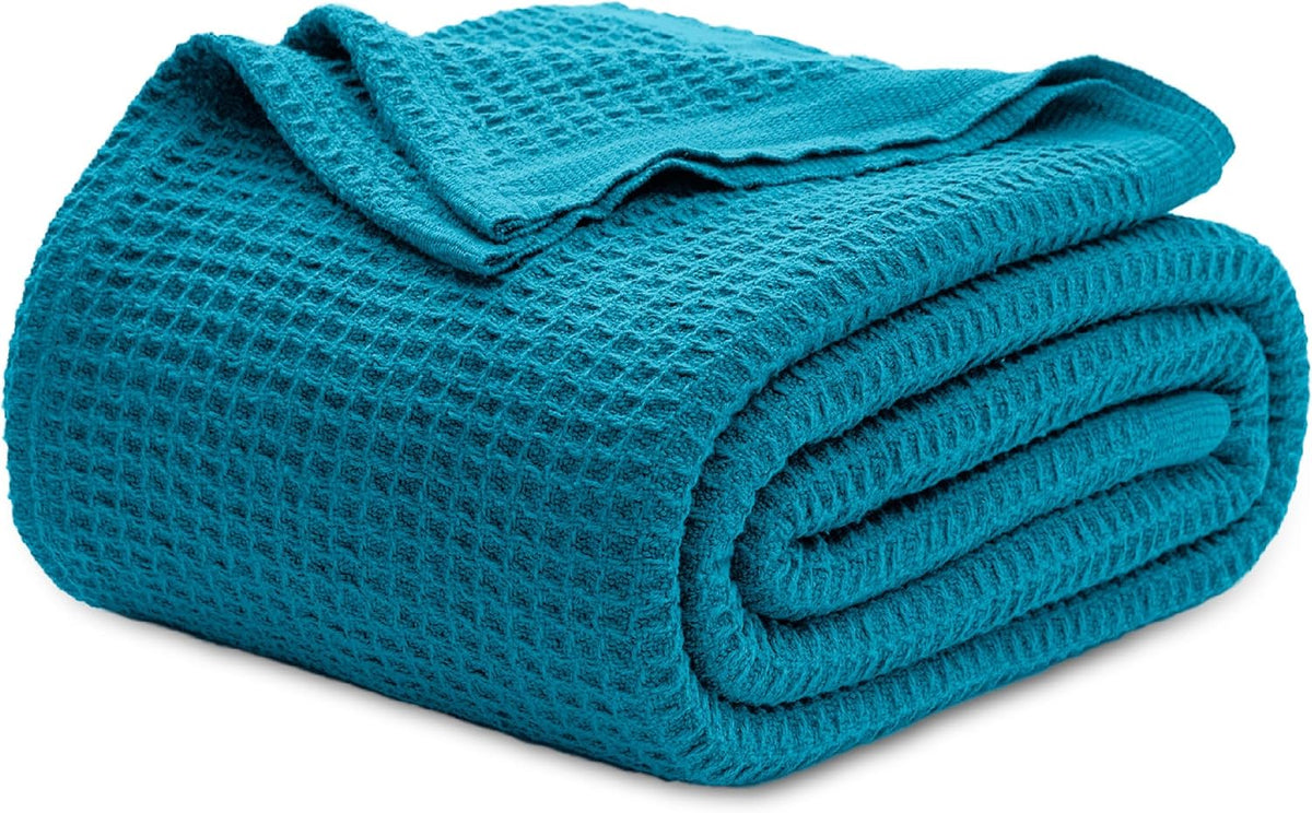 Pure Cotton Thermal Blanket – Queen 90×90 in – Textured Weave Layer for All Seasons – Lightweight & Breathable Throw for Bed or Sofa