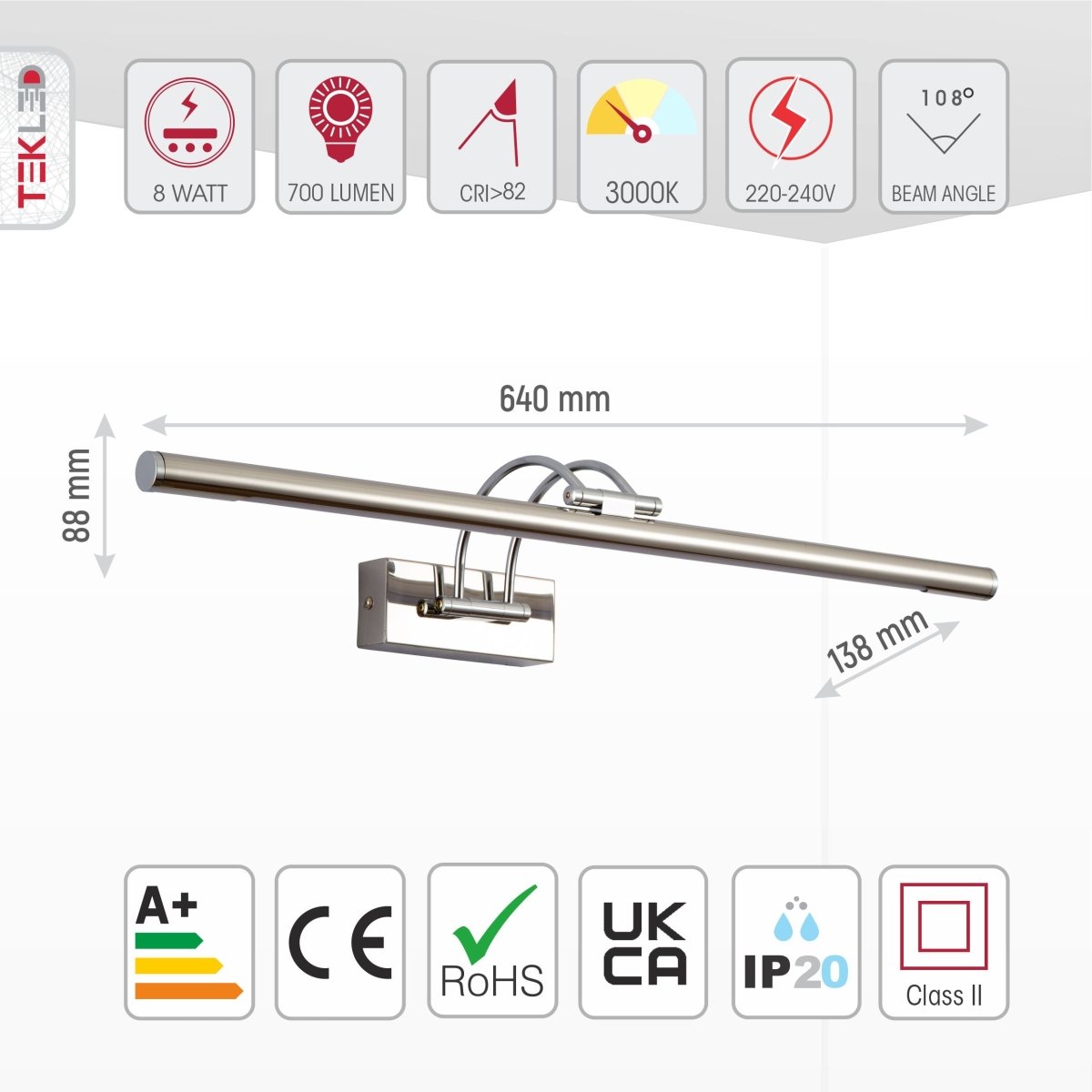 Applique LED pour tableau 63,5 cm en aluminium, rampe d'éclairage pour peintures, cadres et miroirs, blanc chaud 8 W, éclairage d'accentuation réglable pour galerie