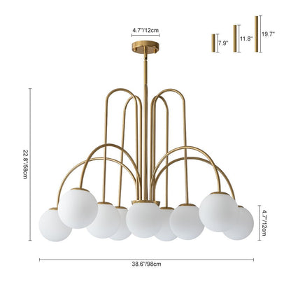 Ten-Globe Pendant Light with Frosted Glass Spheres & Curved Arms for Dining Rooms – Adjustable Height Fixture in Dual-Tone Metallic Finish,