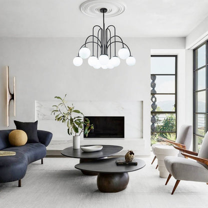 Ten-Globe Pendant Light with Frosted Glass Spheres & Curved Arms for Dining Rooms – Adjustable Height Fixture in Dual-Tone Metallic Finish,