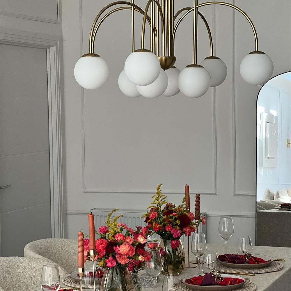 Ten-Globe Pendant Light with Frosted Glass Spheres & Curved Arms for Dining Rooms – Adjustable Height Fixture in Dual-Tone Metallic Finish,