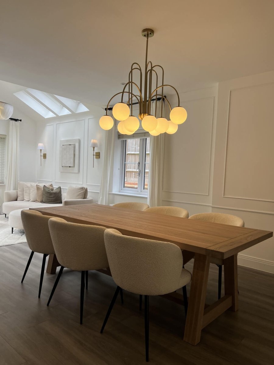 Ten-Globe Pendant Light with Frosted Glass Spheres & Curved Arms for Dining Rooms – Adjustable Height Fixture in Dual-Tone Metallic Finish,