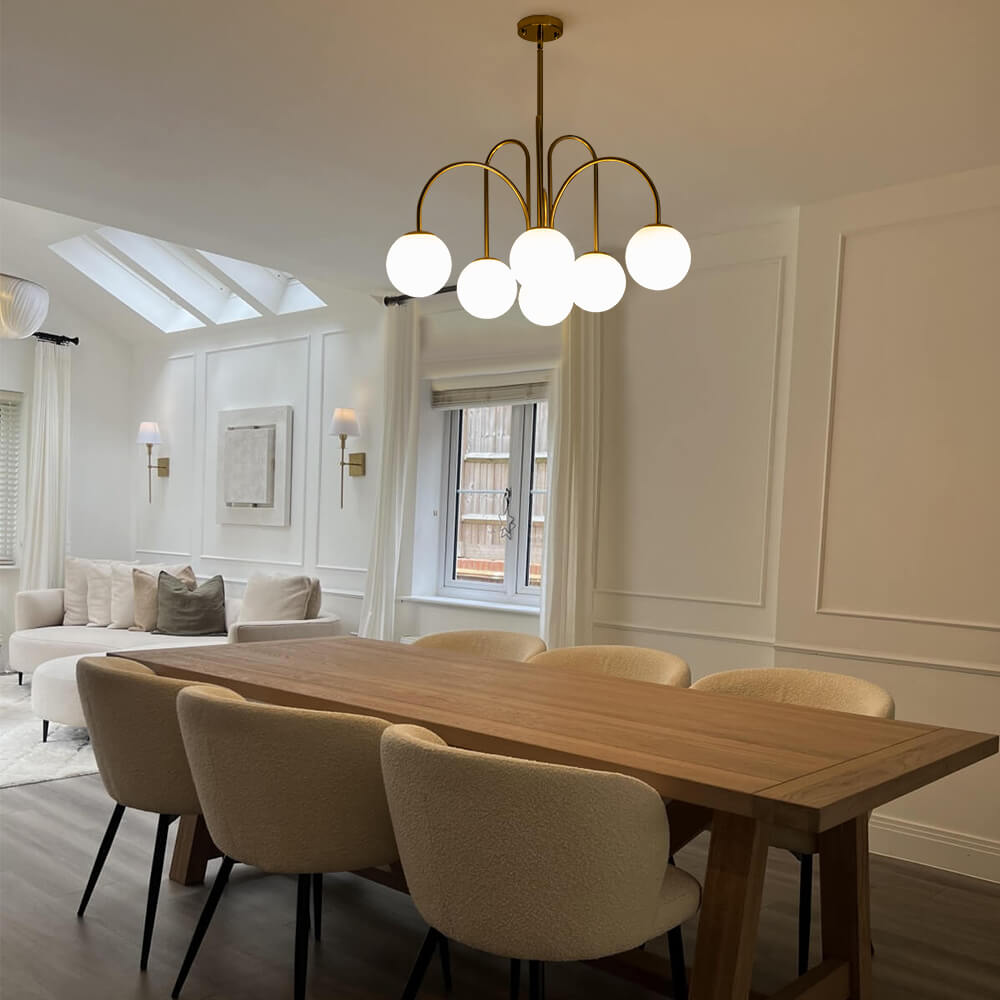 Ten-Globe Pendant Light with Frosted Glass Spheres & Curved Arms for Dining Rooms – Adjustable Height Fixture in Dual-Tone Metallic Finish,