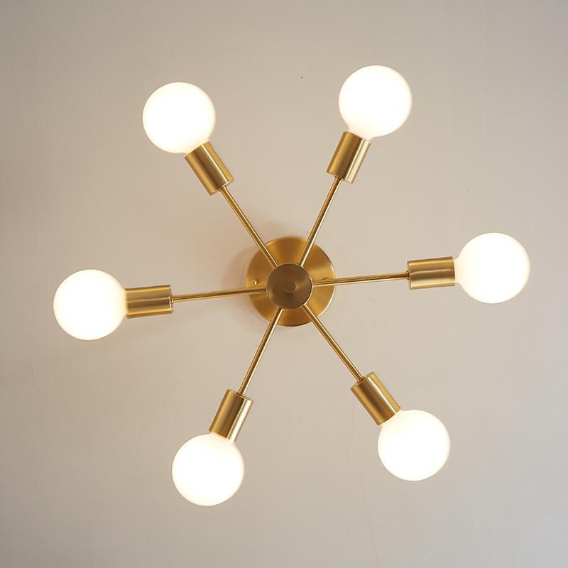 Six-Arm Brass Sputnik Chandelier 17 in Wide Mid-Century Pendant Light for Dining Room Living Room Hardwired Ceiling Fixture Dimmable Modern