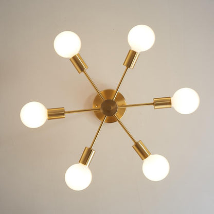 Six-Arm Brass Sputnik Chandelier 17 in Wide Mid-Century Pendant Light for Dining Room Living Room Hardwired Ceiling Fixture Dimmable Modern