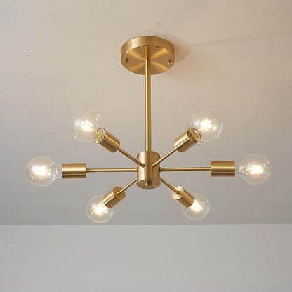 Six-Arm Brass Sputnik Chandelier 17 in Wide Mid-Century Pendant Light for Dining Room Living Room Hardwired Ceiling Fixture Dimmable Modern