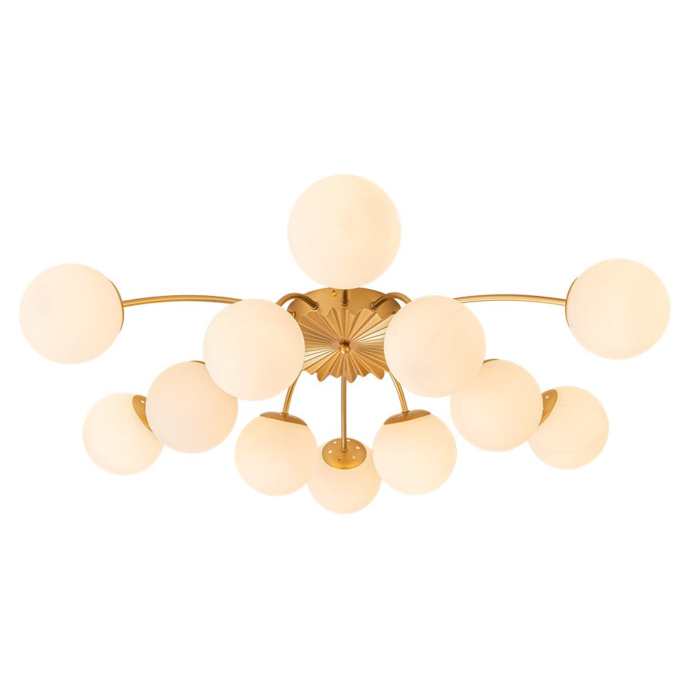 12-Light Semi-Flush Ceiling Fixture Brass Finish Opal Globe Shades 39-Inch Width Dimmable Chandelier for Dining Room Living Room Entryway Mo