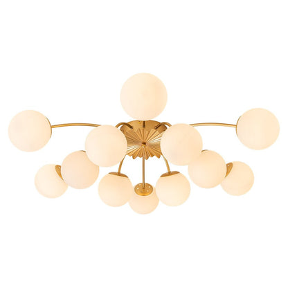 12-Light Semi-Flush Ceiling Fixture Brass Finish Opal Globe Shades 39-Inch Width Dimmable Chandelier for Dining Room Living Room Entryway Mo