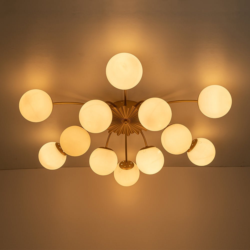 12-Light Semi-Flush Ceiling Fixture Brass Finish Opal Globe Shades 39-Inch Width Dimmable Chandelier for Dining Room Living Room Entryway Mo