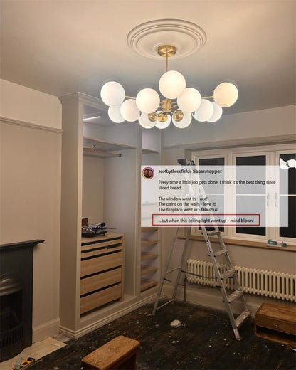 Dual-Tier Chandelier with 12 Opal Glass Globes in Brass Finish – 35 in Wide Statement Fixture for Dining Rooms, Living Spaces & Entryways